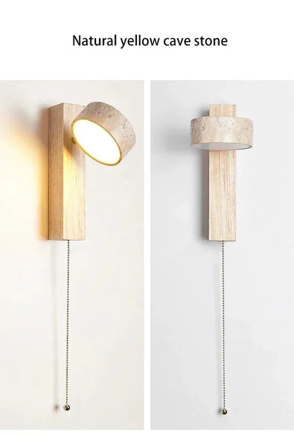 Japandi Natural Stone Wood Wall Lighting With Pull Switch │ Modern Vintage Style Round LED Sconce Wall Light - Besontique Home