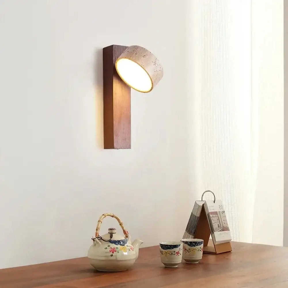 Japandi Natural Stone Wood Wall Lighting With Pull Switch │ Modern Vintage Style Round LED Sconce Wall Light - Besontique Home