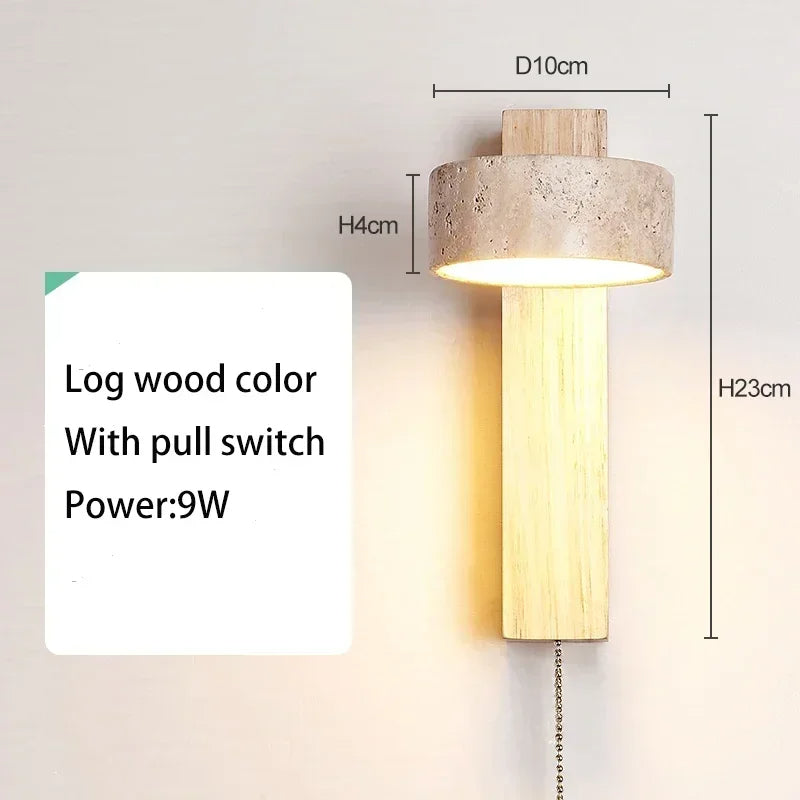Japandi Natural Stone Wood Wall Lighting With Pull Switch │ Modern Vintage Style Round LED Sconce Wall Light - Besontique Home