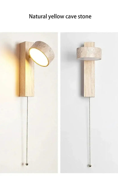 Japandi Natural Stone Wood Wall Lighting With Pull Switch │ Modern Vintage Style Round LED Sconce Wall Light - Besontique Home