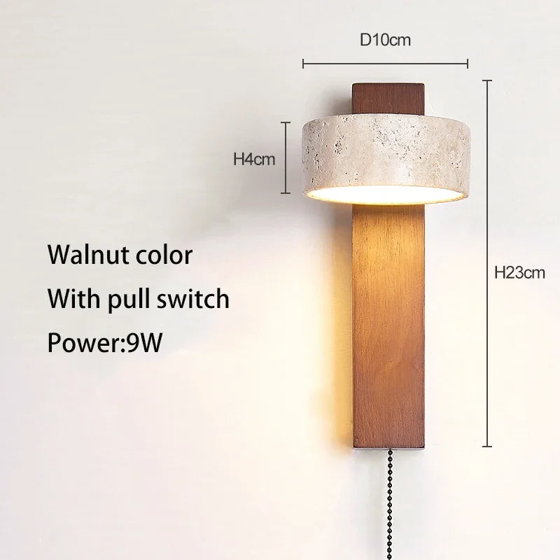 Japandi Natural Stone Wood Wall Lighting With Pull Switch │ Modern Vintage Style Round LED Sconce Wall Light - Besontique Home