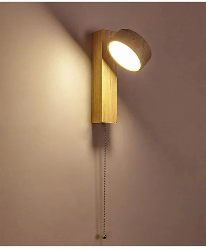 Japandi Natural Stone Wood Wall Lighting With Pull Switch │ Modern Vintage Style Round LED Sconce Wall Light - Besontique Home