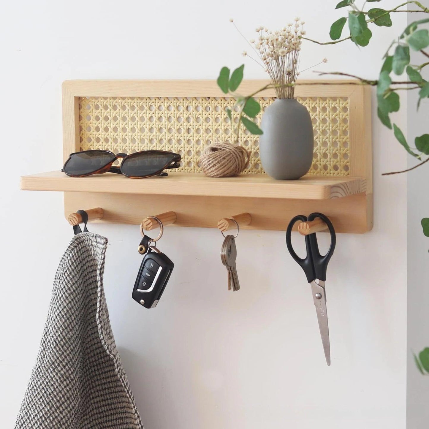 Japandi Solid Wood Rattan Wall Storage Rack │ Modern Minimal Hook Clothes Key Holder Storage - Besontique