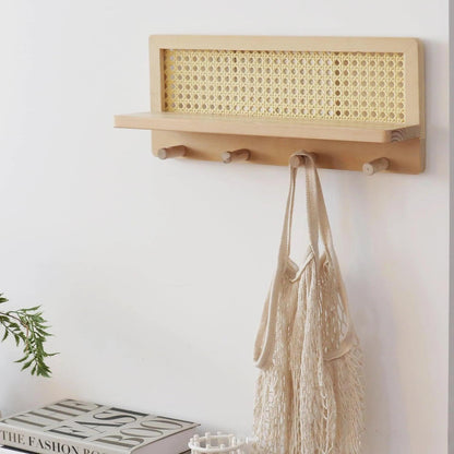 Japandi Solid Wood Rattan Wall Storage Rack │ Modern Minimal Hook Clothes Key Holder Storage - Besontique