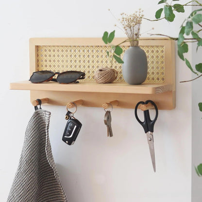 Japandi Solid Wood Rattan Wall Storage Rack │ Modern Minimal Hook Clothes Key Holder Storage - Besontique Home