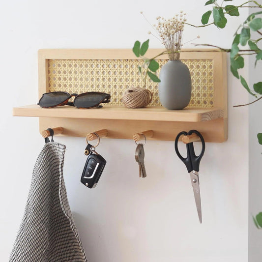 Japandi Solid Wood Rattan Wall Storage Rack │ Modern Minimal Hook Clothes Key Holder Storage - Besontique Home