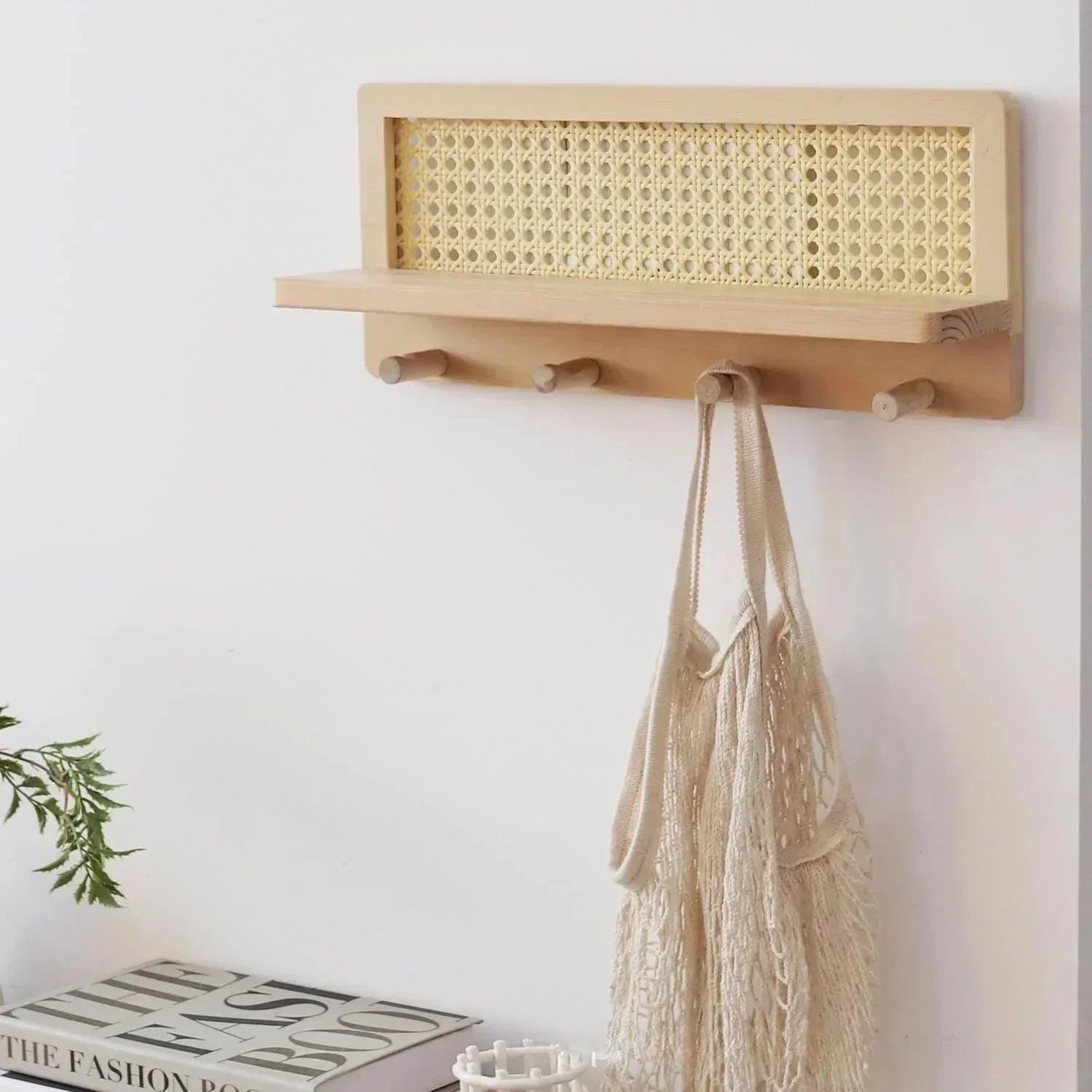 Japandi Solid Wood Rattan Wall Storage Rack │ Modern Minimal Hook Clothes Key Holder Storage - Besontique Home
