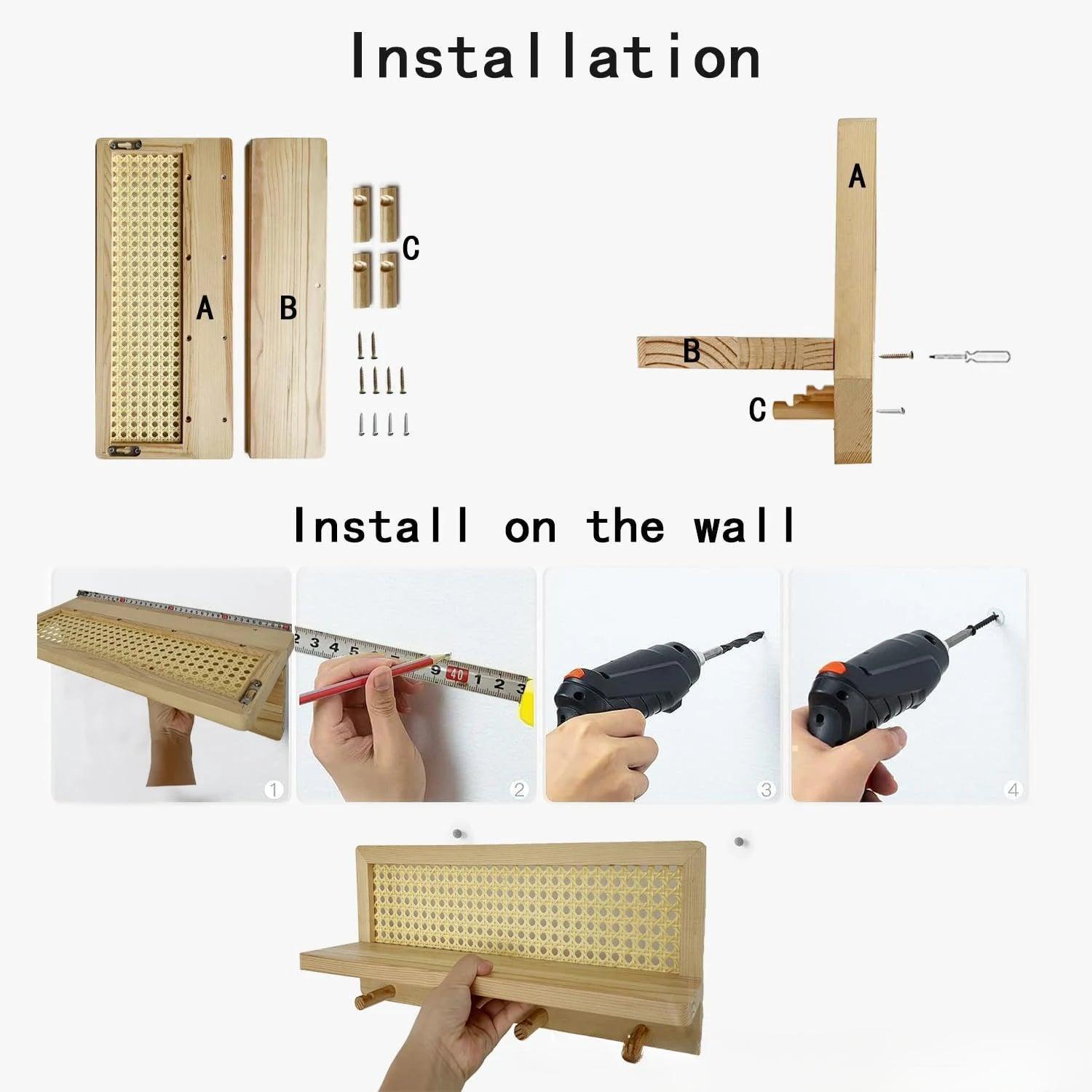 Japandi Solid Wood Rattan Wall Storage Rack │ Modern Minimal Hook Clothes Key Holder Storage - Besontique Home