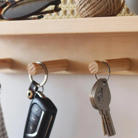 Japandi Solid Wood Rattan Wall Storage Rack │ Modern Minimal Hook Clothes Key Holder Storage - Besontique Home