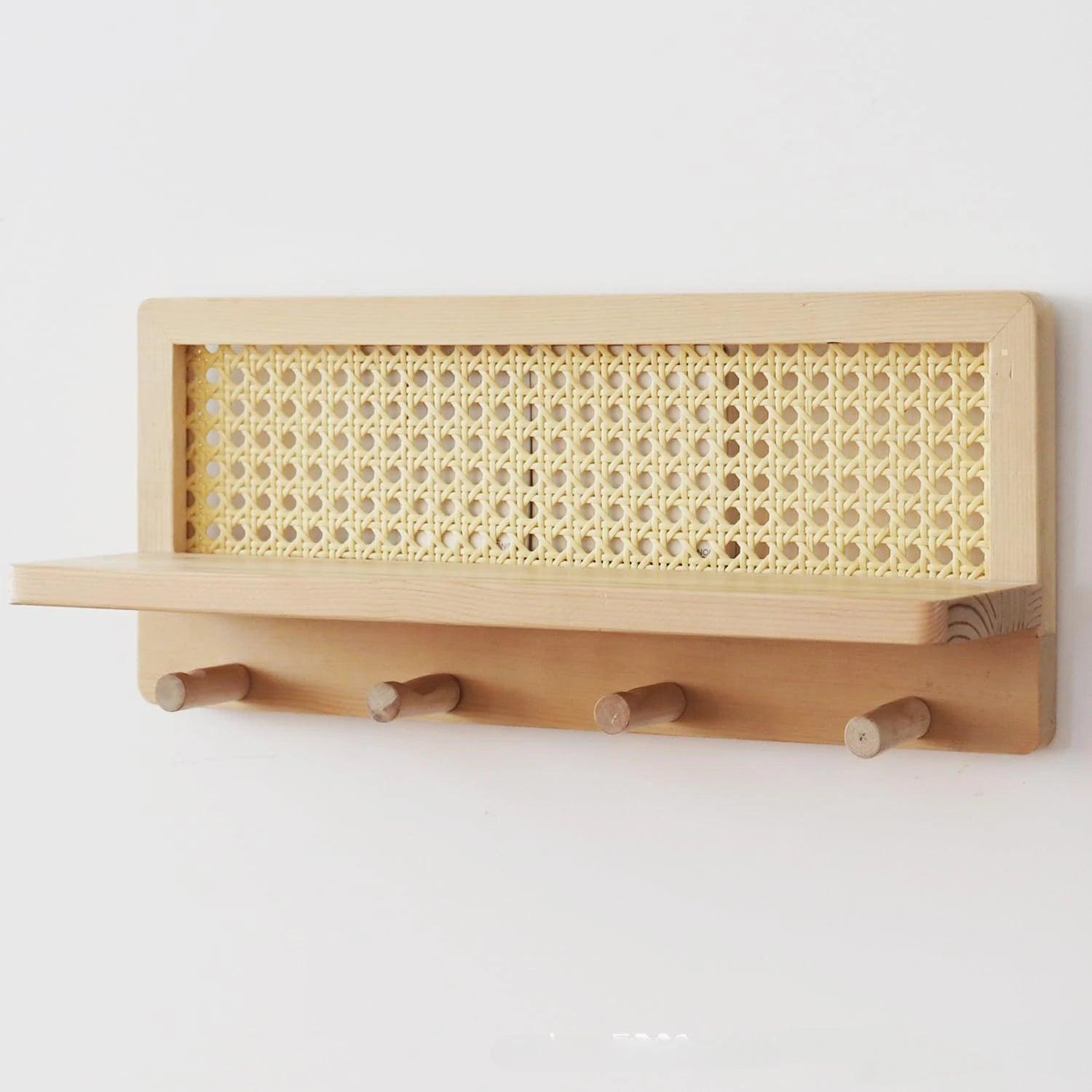 Japandi Solid Wood Rattan Wall Storage Rack │ Modern Minimal Hook Clothes Key Holder Storage - Besontique Home