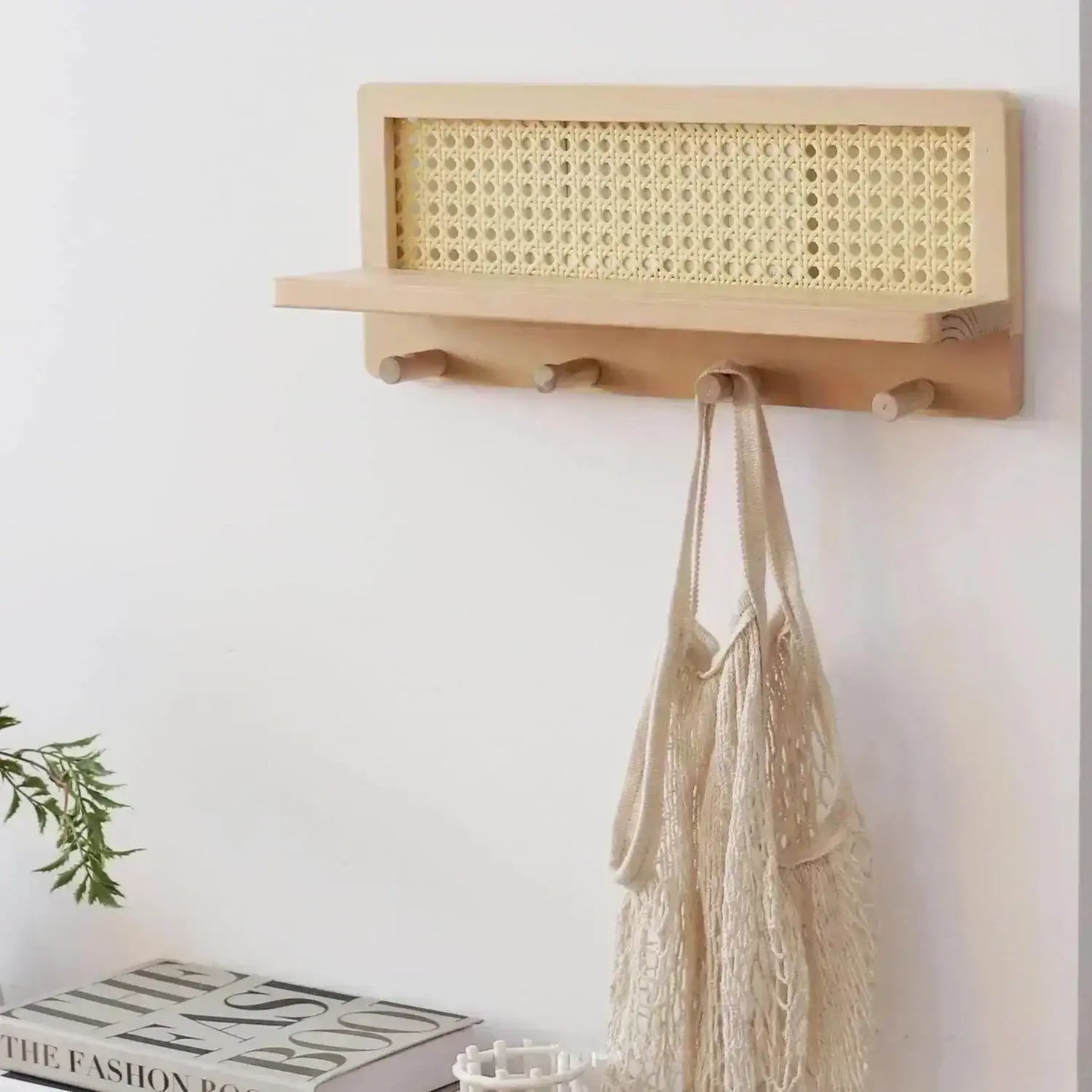 Japandi Solid Wood Rattan Wall Storage Rack │ Modern Minimal Hook Clothes Key Holder Storage - Besontique Home