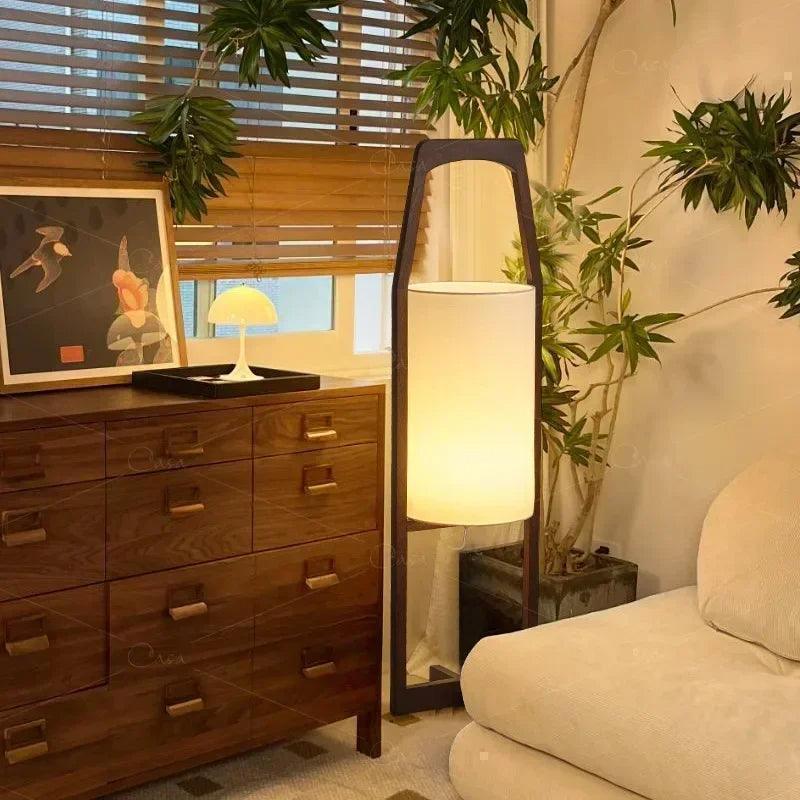 Japandi Vintage Wood Fabric Floor Lamp │ Modern Art LED Home Mood Stand Light - Besontique Home
