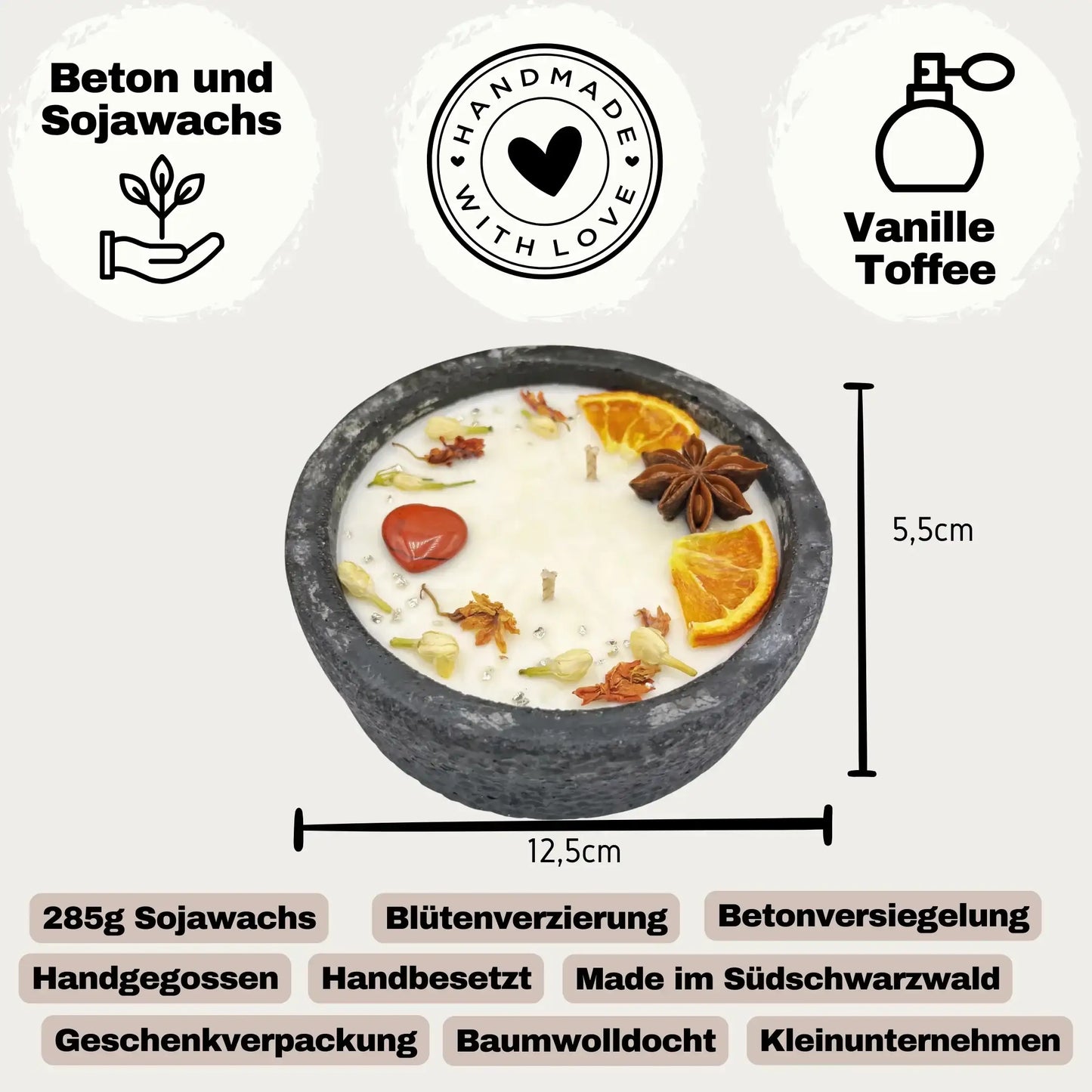 Handgemachtes Betonkerzen-Set 4x Schwarz "Black Cinnamon" - Stilvolle Sojawachskerze für Ihr Zuhause. Aromatherapie Kerze mit Blütenverzierung und HOCHWERTIGEM Baumwolldocht aus dem Südschwarzwald