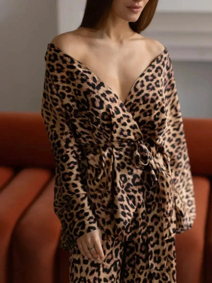 Leopard Printed Long Sleeved Nightgown Pants 2 Piece Set - Besontique Home
