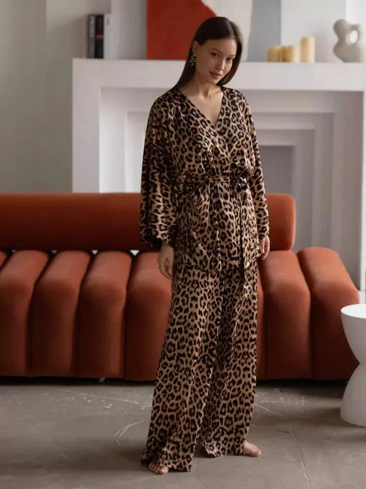 Leopard Printed Long Sleeved Nightgown Pants 2 Piece Set - Besontique Home