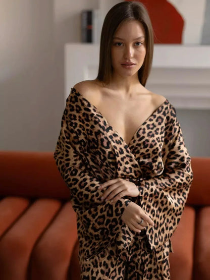 Leopard Printed Long Sleeved Nightgown Pants 2 Piece Set - Besontique Home