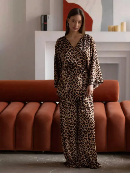 Leopard Printed Long Sleeved Nightgown Pants 2 Piece Set - Besontique Home