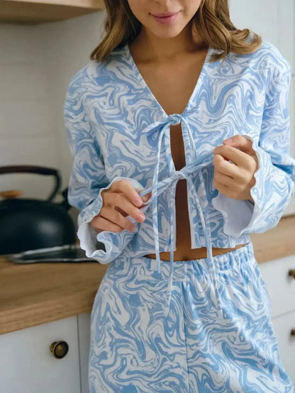 Light Blue Pattern Printed Long-Sleeved Cardigan & Shorts 2-Piece Set – Cozy Homewear Pajamas Sleepwear - Besontique Home