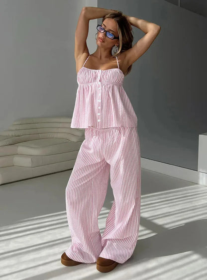 Light Blue Pink Striped Summer Homewear 2 Piece Set │ Women Comfortable Sleepwear - Besontique Home