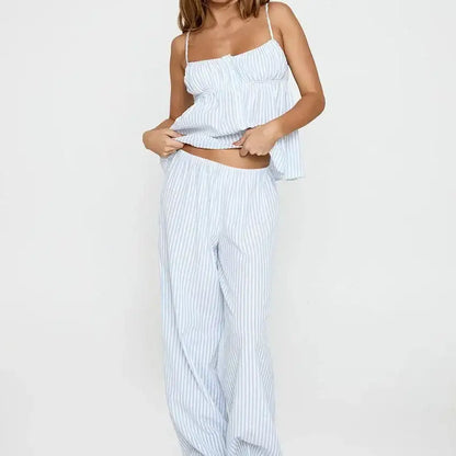 Light Blue Pink Striped Summer Homewear 2 Piece Set │ Women Comfortable Sleepwear - Besontique Home