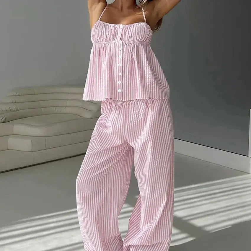Light Blue Pink Striped Summer Homewear 2 Piece Set │ Women Comfortable Sleepwear - Besontique Home