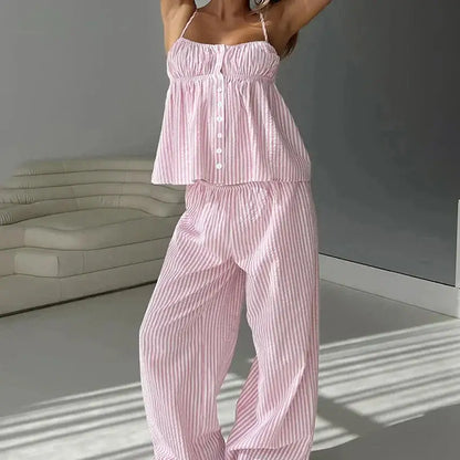 Light Blue Pink Striped Summer Homewear 2 Piece Set │ Women Comfortable Sleepwear - Besontique Home