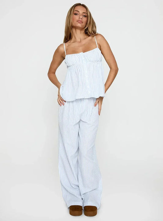 Light Blue Pink Striped Summer Homewear 2 Piece Set │ Women Comfortable Sleepwear - Besontique Home