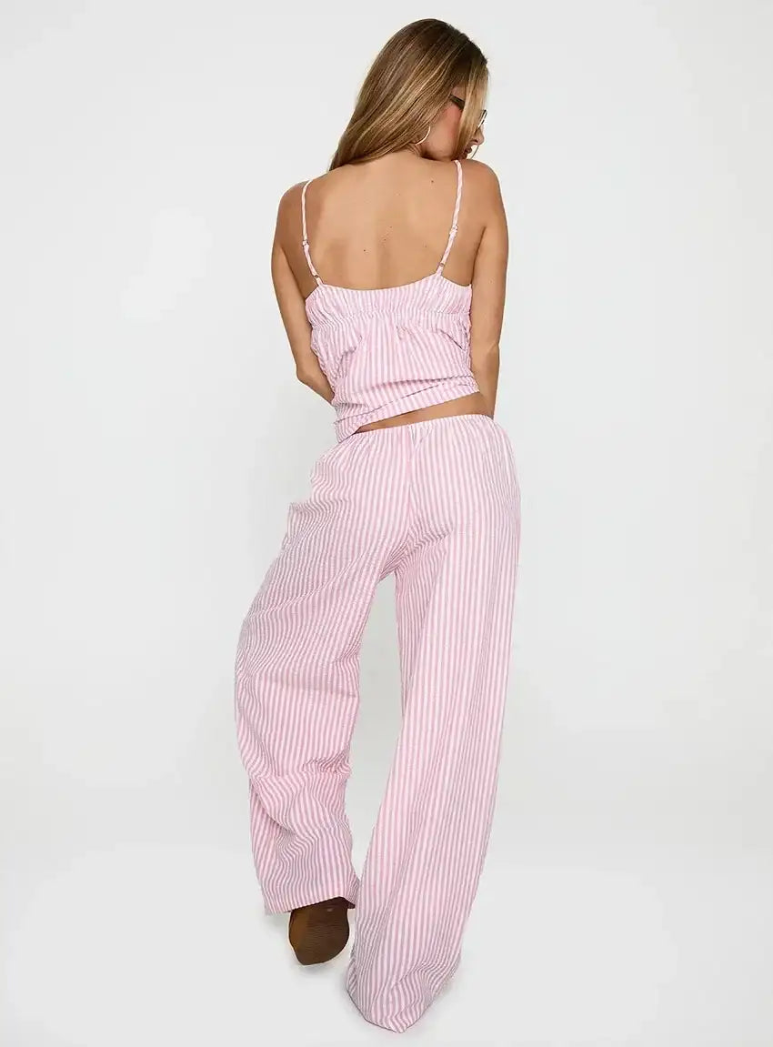 Light Blue Pink Striped Summer Homewear 2 Piece Set │ Women Comfortable Sleepwear - Besontique Home