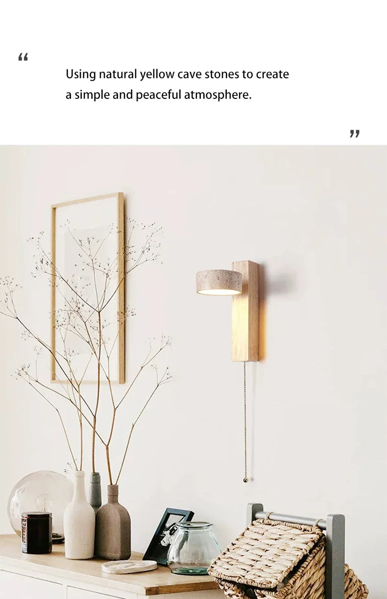 Japandi Natural Stone Wood Wall Lighting With Pull Switch │ Modern Vintage Style Round LED Sconce Wall Light