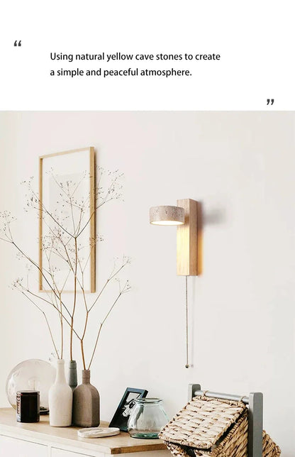 Japandi Natural Stone Wood Wall Lighting With Pull Switch │ Modern Vintage Style Round LED Sconce Wall Light