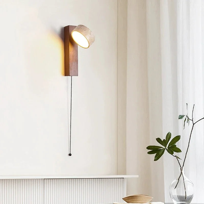 Japandi Natural Stone Wood Wall Lighting With Pull Switch │ Modern Vintage Style Round LED Sconce Wall Light