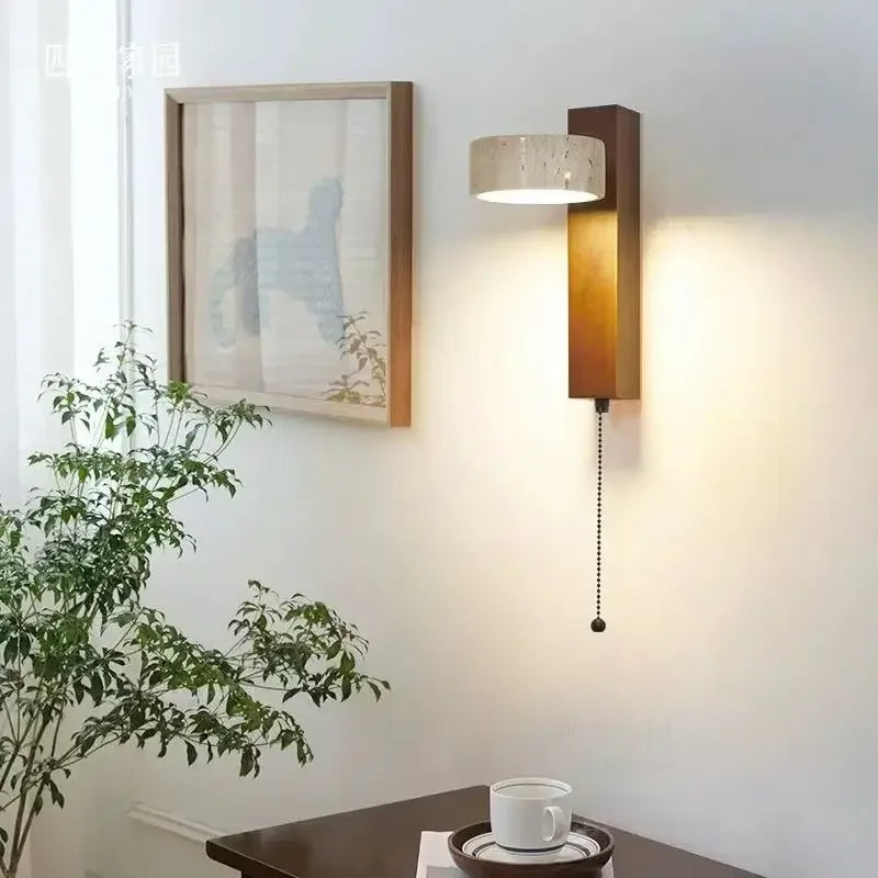 Japandi Natural Stone Wood Wall Lighting With Pull Switch │ Modern Vintage Style Round LED Sconce Wall Light