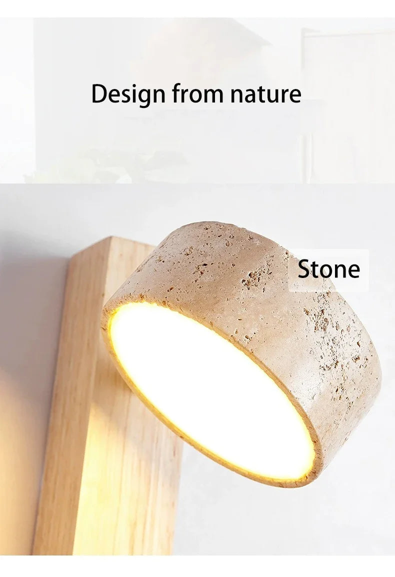 Japandi Natural Stone Wood Wall Lighting With Pull Switch │ Modern Vintage Style Round LED Sconce Wall Light