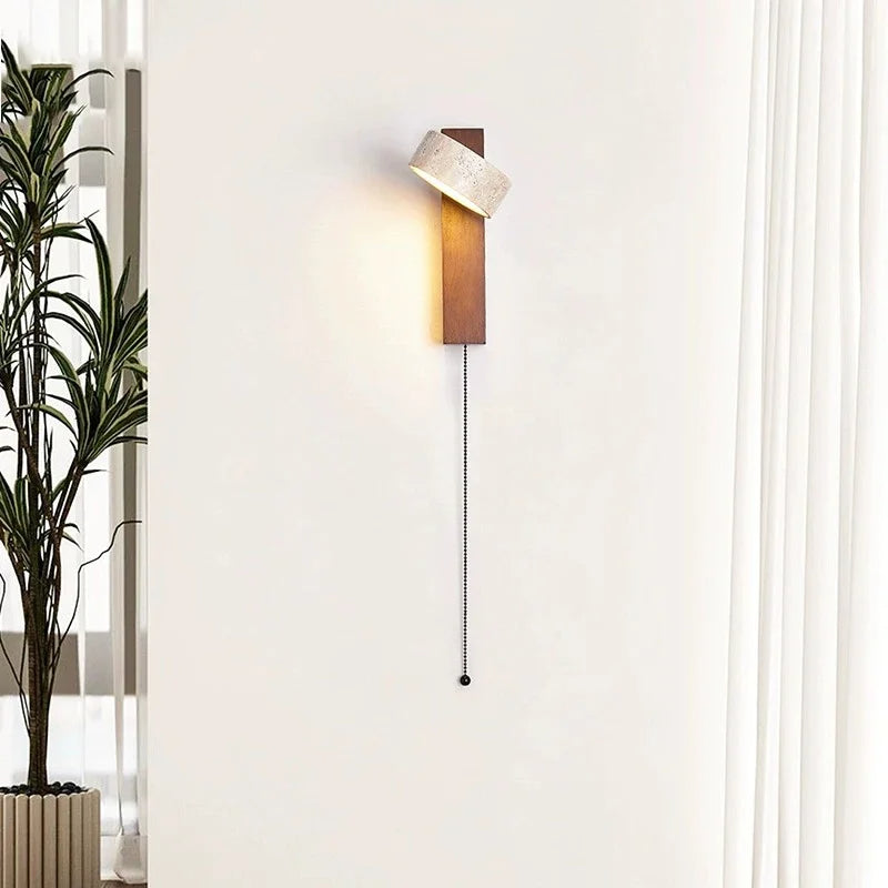 Japandi Natural Stone Wood Wall Lighting With Pull Switch │ Modern Vintage Style Round LED Sconce Wall Light