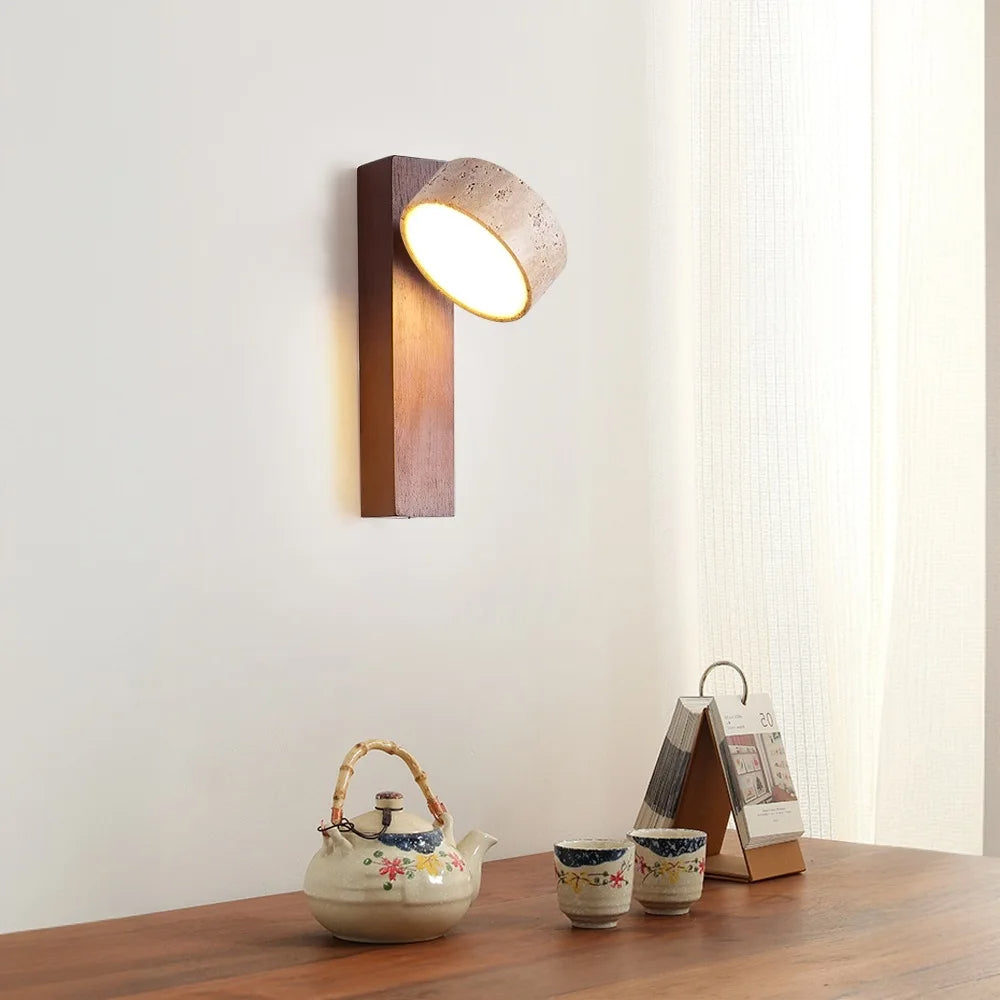 Japandi Natural Stone Wood Wall Lighting With Pull Switch │ Modern Vintage Style Round LED Sconce Wall Light
