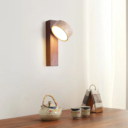 Japandi Natural Stone Wood Wall Lighting With Pull Switch │ Modern Vintage Style Round LED Sconce Wall Light