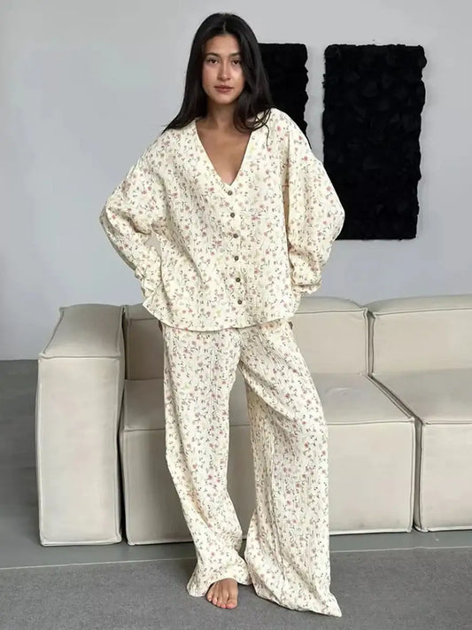Long Sleeve Floral Printed Cardigan Pajama 2 Piece Set │ Cotton - Besontique Home
