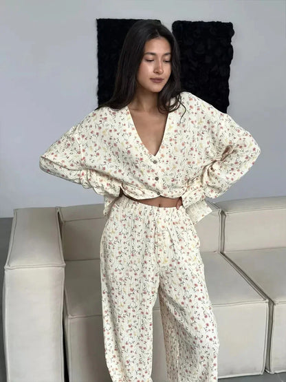 Long Sleeve Floral Printed Cardigan Pajama 2 Piece Set │ Cotton - Besontique Home