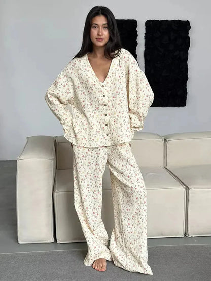 Long Sleeve Floral Printed Cardigan Pajama 2 Piece Set │ Cotton - Besontique Home