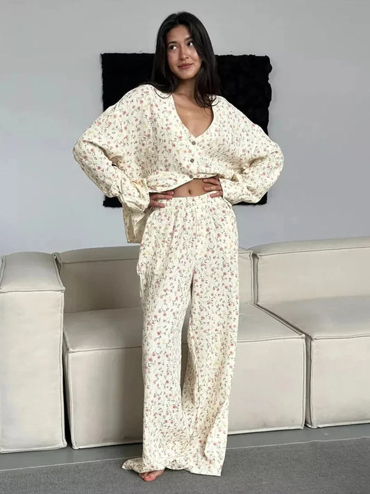 Long Sleeve Floral Printed Cardigan Pajama 2 Piece Set │ Cotton - Besontique Home