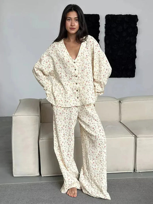 Long Sleeve Floral Printed Cardigan Pajama 2 Piece Set │ Cotton - Besontique Home
