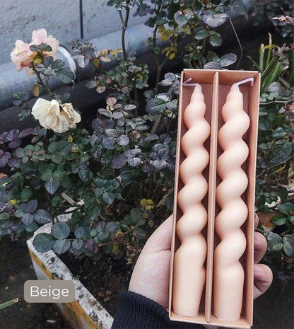 Long Spiral Pillar Candles 2 pcs (White / Beige / Coffee) │ Handmade Natural Soy Wax Candles - Besontique