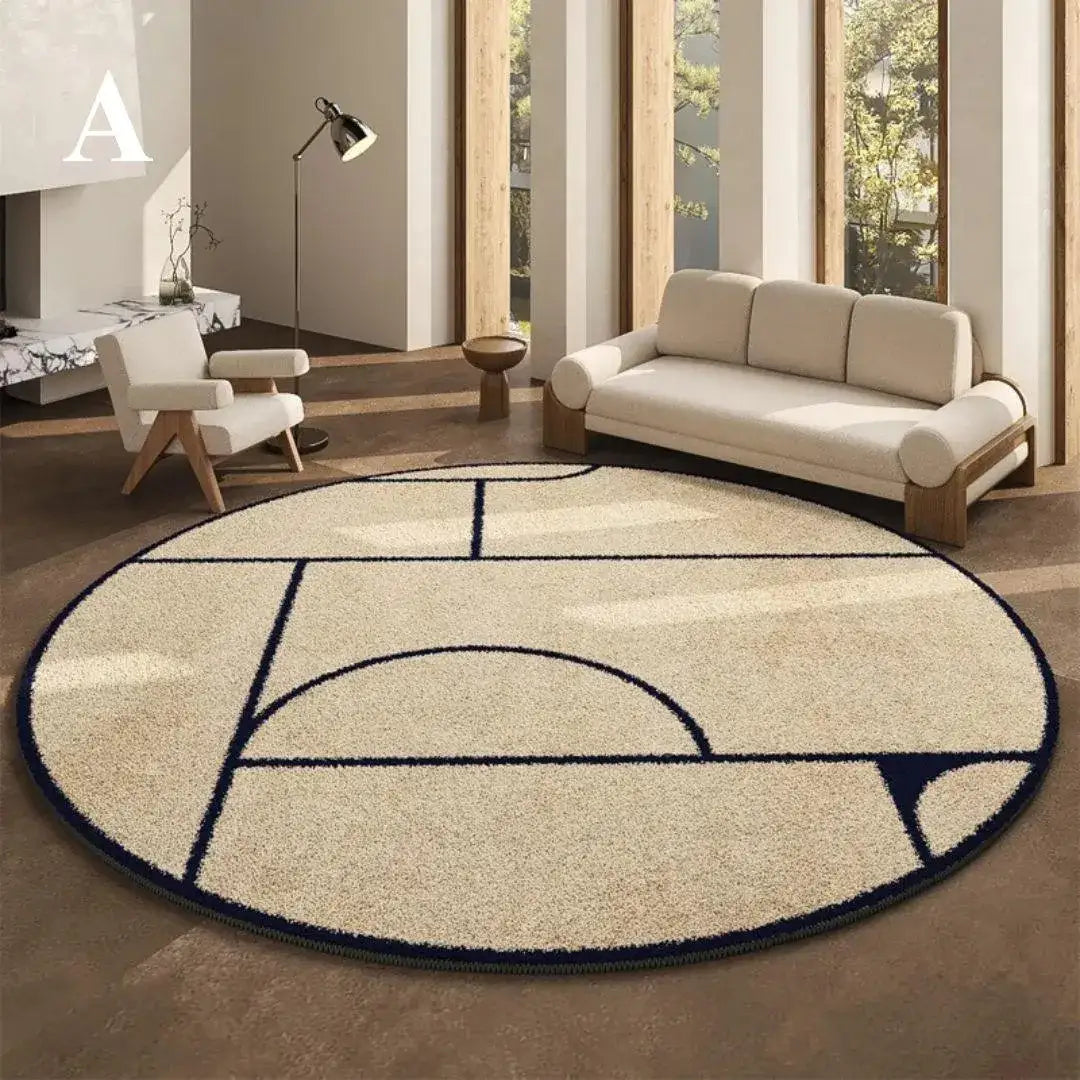 Luxuriöser runder Teppich im französischen Stil mit schwarzem Muster │ Moderner, großer Plüschteppich für zu Hause – Besontique Home