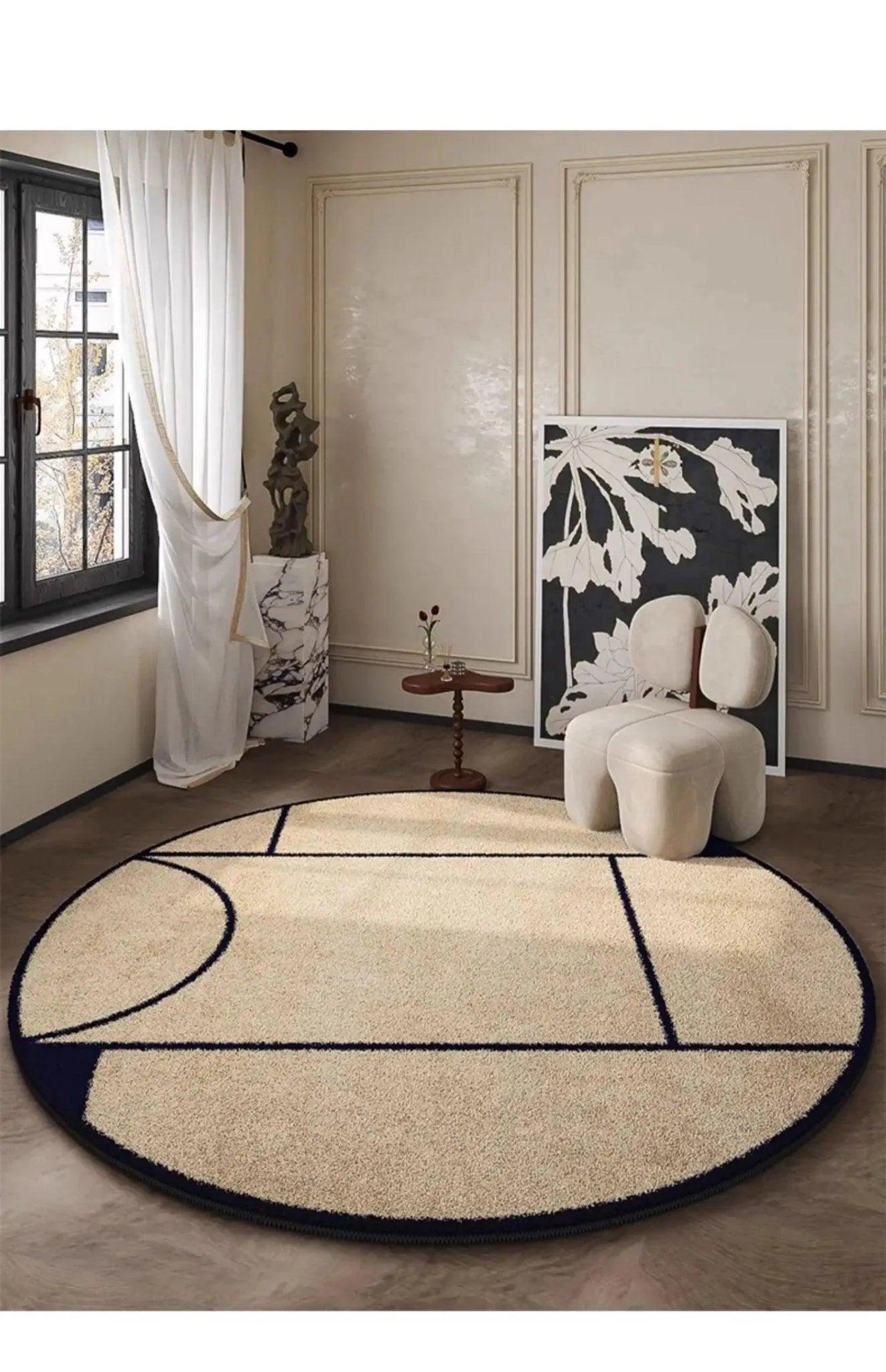 Luxury French Style Black Pattern Round Carpet │ Modern Home Large Area Plush Rugs - Besontique Home