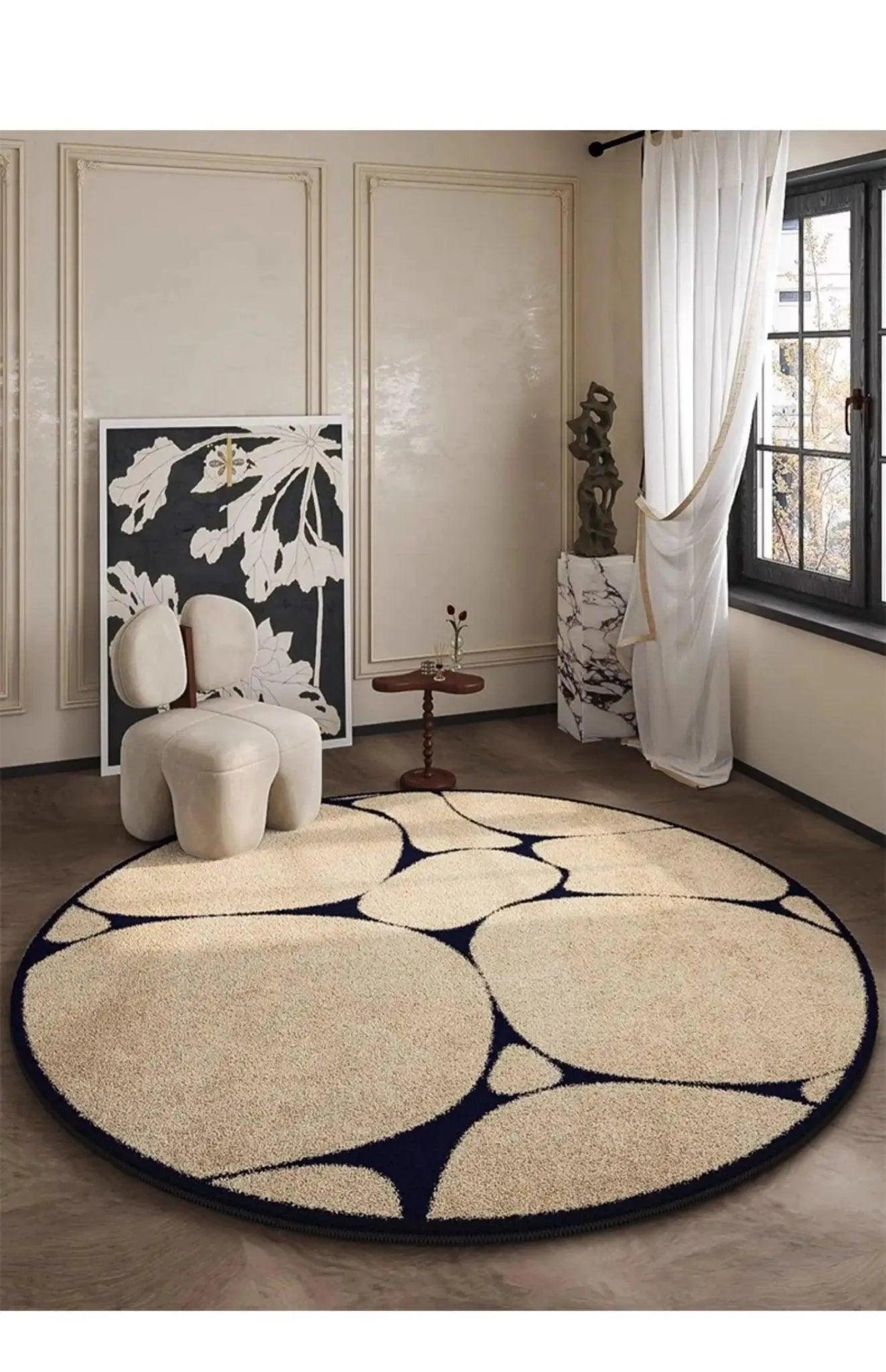 Luxury French Style Black Pattern Round Carpet │ Modern Home Large Area Plush Rugs - Besontique Home
