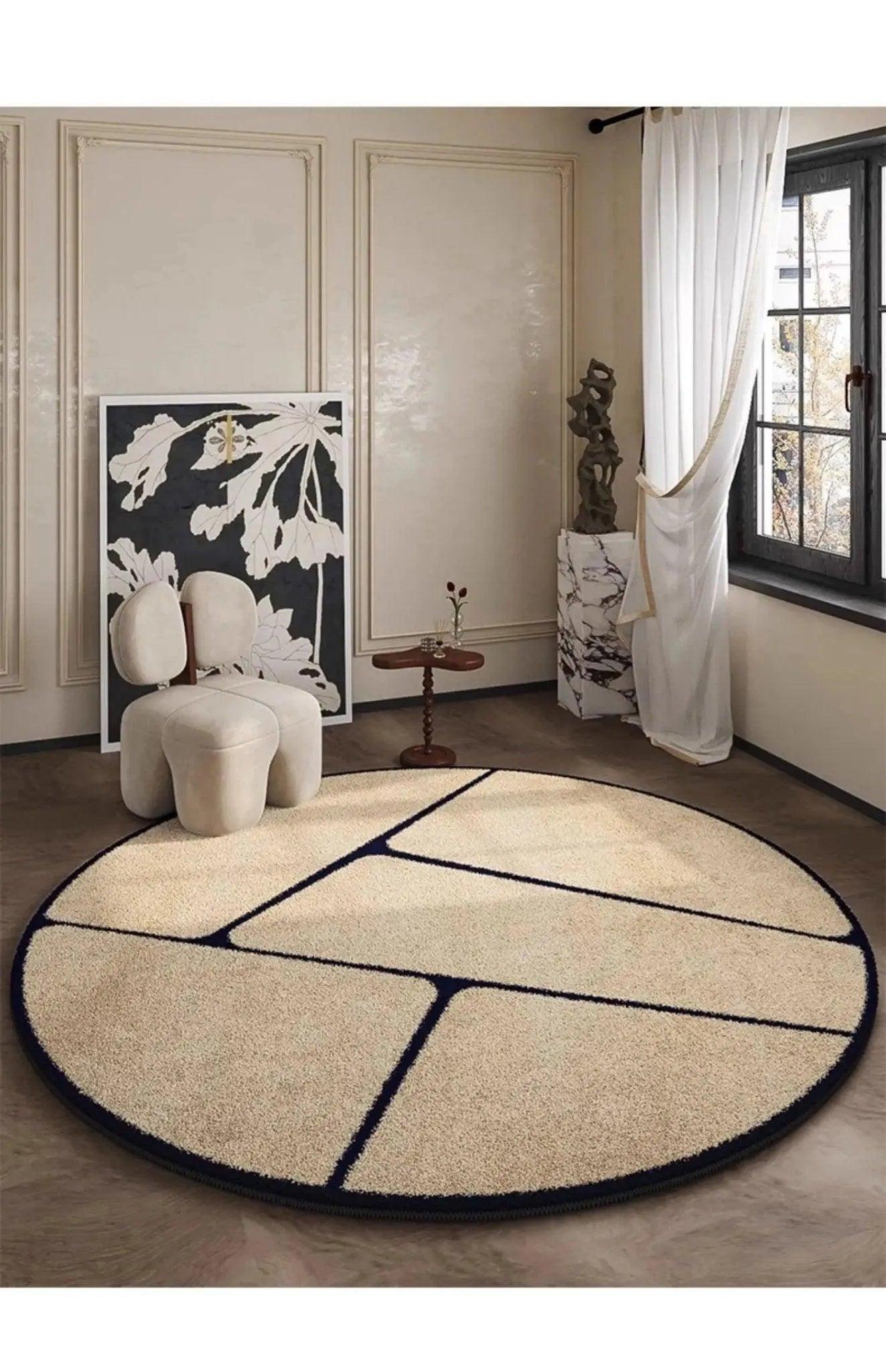 Luxury French Style Black Pattern Round Carpet │ Modern Home Large Area Plush Rugs - Besontique Home