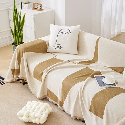 3 Chenille Line Pattern Throw Blanket with Tassel │ Simple Nordic Jacquard Reversible Double Sided Sofa Cover