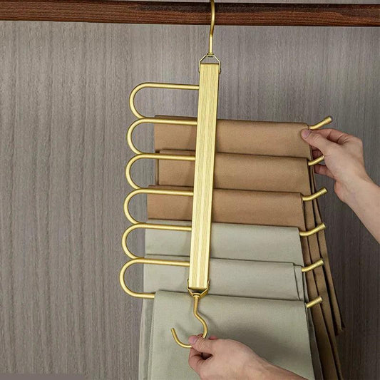 Matte Gold/Gray 6 in 1 Multi-Layer Pants Trouser Clothes Hanger │ Folding-function Scarf Storage Hanging Rack Organizer Hanger - Besontique Home