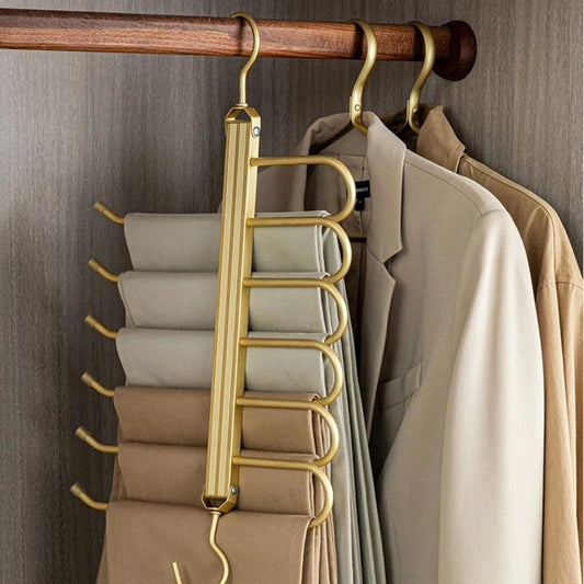 Matte Gold/Gray 6 in 1 Multi-Layer Pants Trouser Clothes Hanger │ Folding-function Scarf Storage Hanging Rack Organizer Hanger - Besontique Home