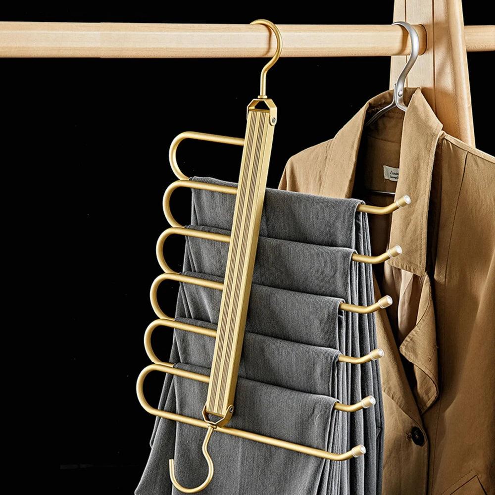 Matte Gold/Gray 6 in 1 Multi-Layer Pants Trouser Clothes Hanger │ Folding-function Scarf Storage Hanging Rack Organizer Hanger - Besontique Home